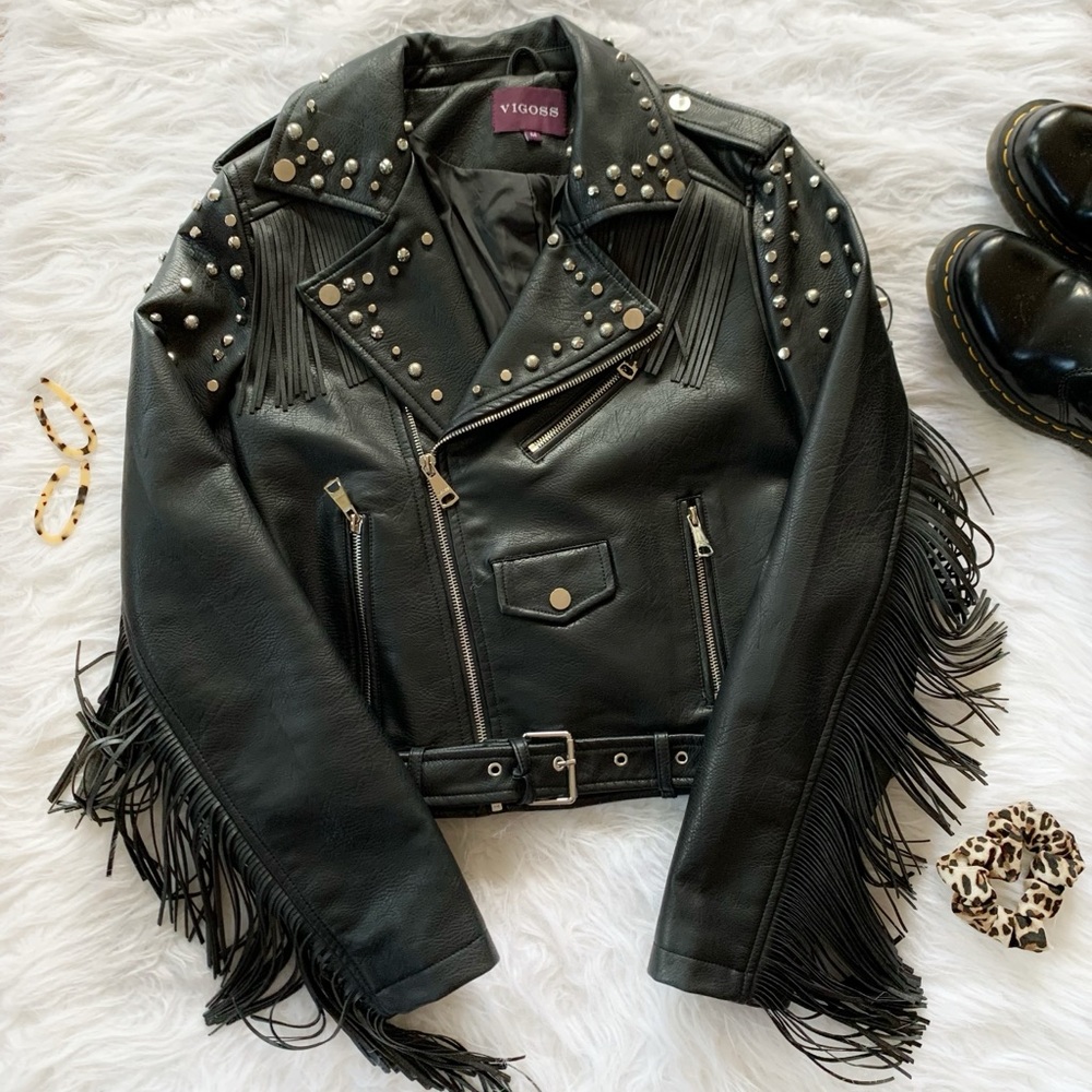 Vigoos Leather Fringe Jacket with Stud Details